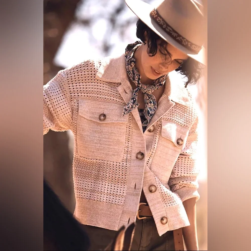 Design 365 Crocheted Knit Two Pocket Sweater Cardigan Coat Jacket, Blue (XS) - Picture 14 of 15